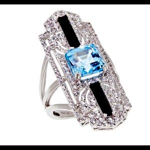 14K White Gold Sky BlueTopaz & Multi-Gem Deco Ring